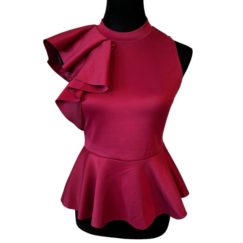 Side Ruffle Stretch Peplum Top Blue Burgundy - Picture 3 of 14